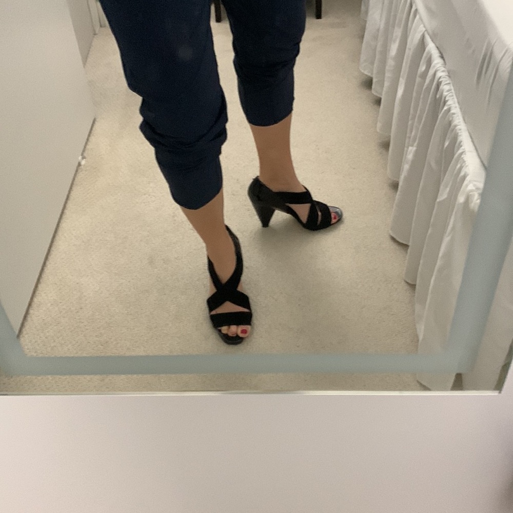 Franco Sarto black patent leather + suede strappy heels